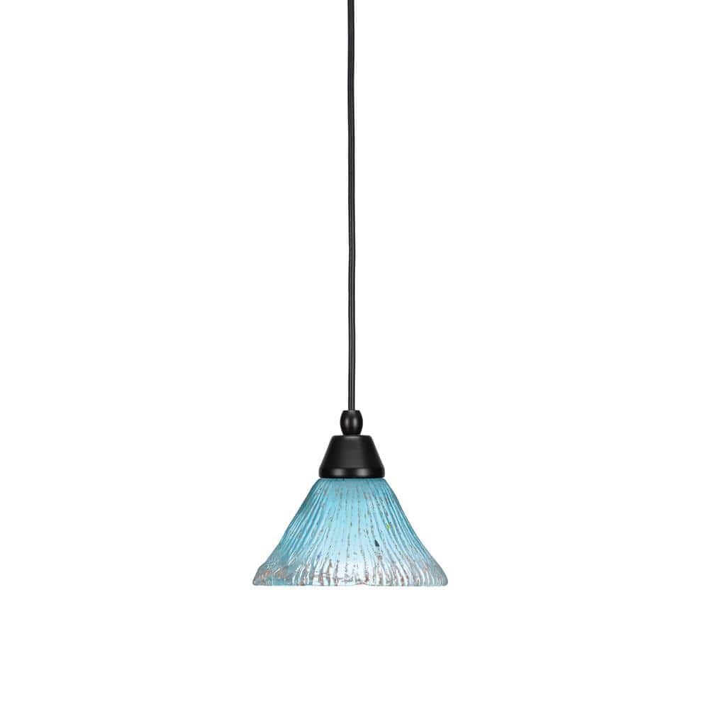 Bryson 7 in. 1-Light Matte Black Cord Pendant Light with 7 in. Teal Crystal