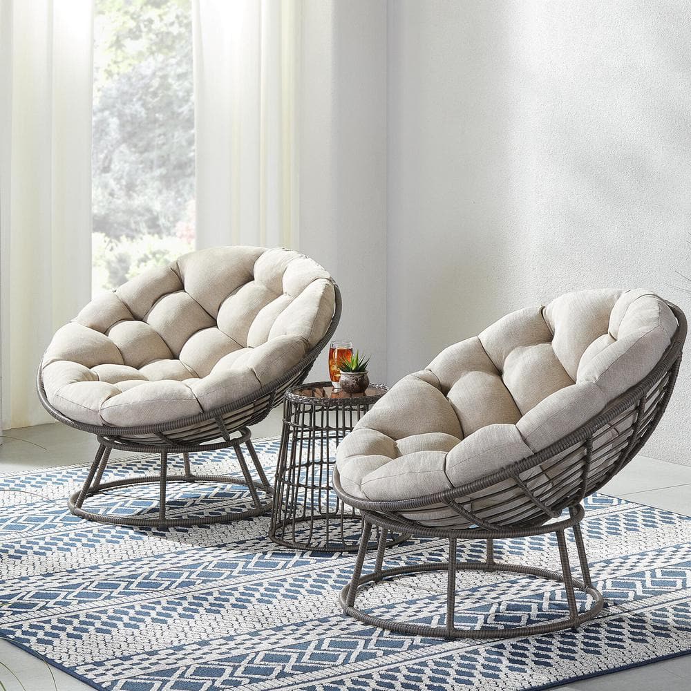 Hampton Bay Tuckberry Papasan 3 Piece Wicker Outdoor Patio Bistro Chat Set With Putty Tan Cushion 65 518165a The Home Depot