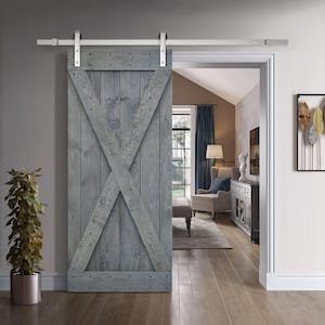 X Series 36 in. x 84 in. Gray Knotty Pine Wood Interior Sliding Barn Door with Stainless Steel Hardware Kit