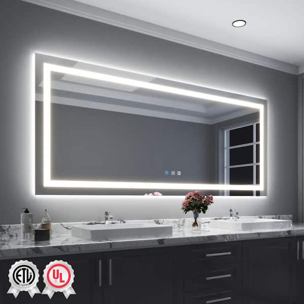 88in. W x 38 in. H Rectangular Frameless Wall Bathroom Vanity Mirror with Backlit and Front Light