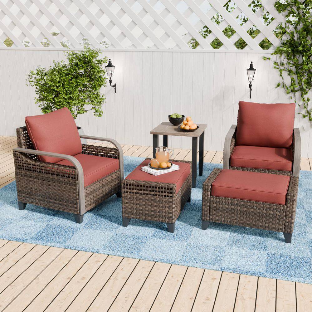 5-Piece Brown Wicker Outdoor Conversation Set Patio Lounge Chair Set with Red Cushions, Ottomans and Side Table price history on PriceWatchPro