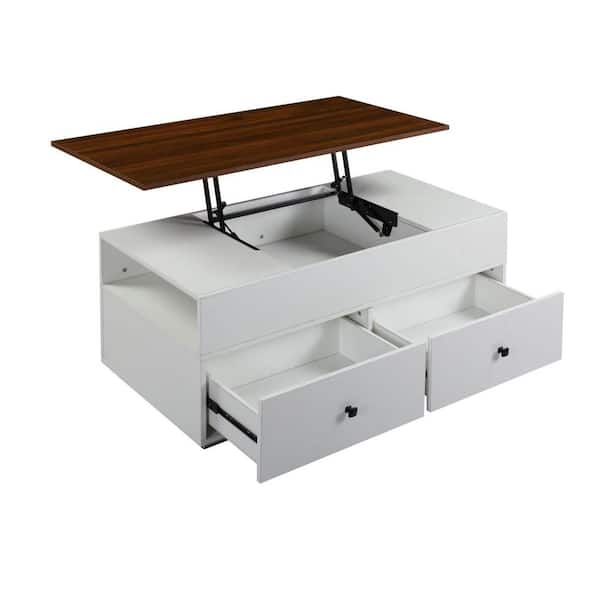 HomeRoots Amelia 24 in. White and Walnut Finish Rectangle Particle Board Coffee Table with Lift Top, Storage, Shelves