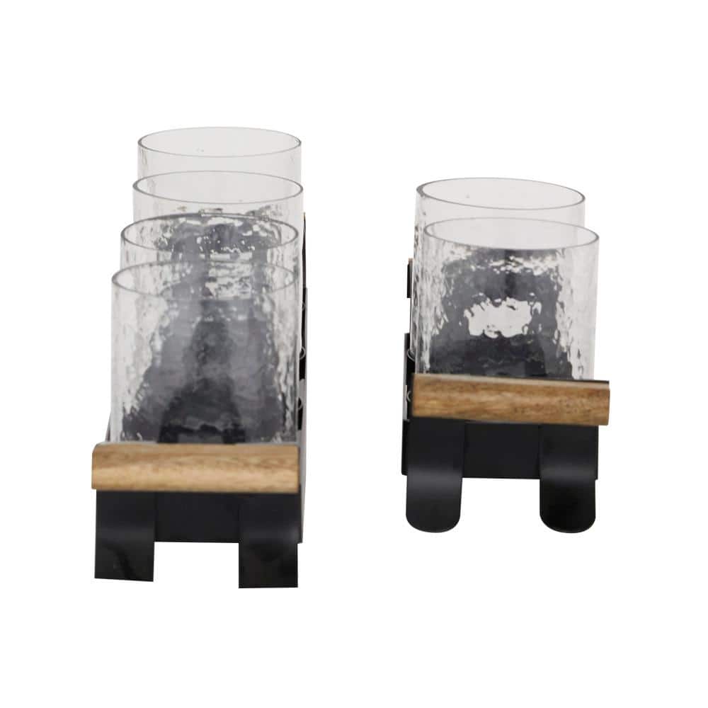 Black Metal and Wood Candle Holder Set with Glass Sleeves