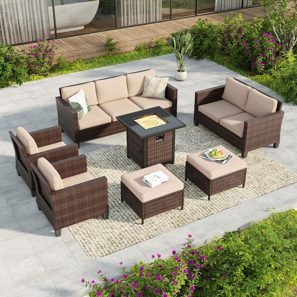JOYESERY 7-Piecess Patio Conversation Set with Square Fire Pit Table and Loveseat, Brown Wicker with Sand Cushions
