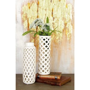 4 in., 12 in. White Ceramic Decorative Vase with Cut Out Patterns (Set of 2)