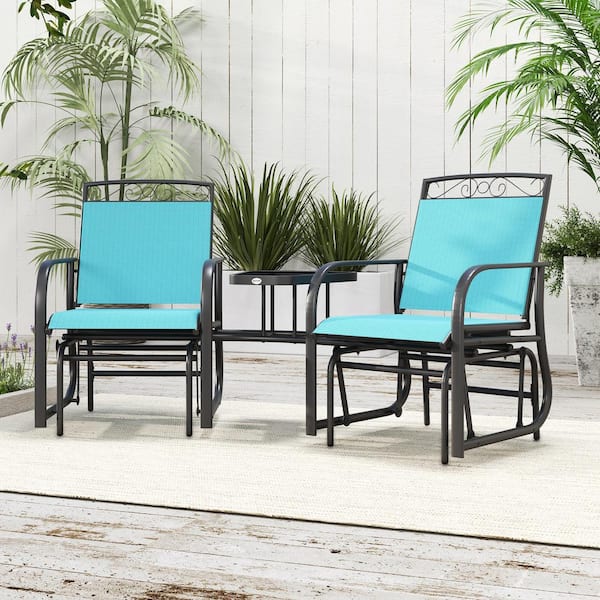 Outdoor Metal Glider Chairs with Coffee Table, Patio 2-Seat Rocking Chair Swing with Breathable Sling