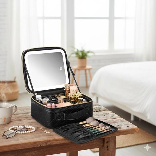 Lynzavix Light Gold Adjustable LED Light Makeup Train Case with