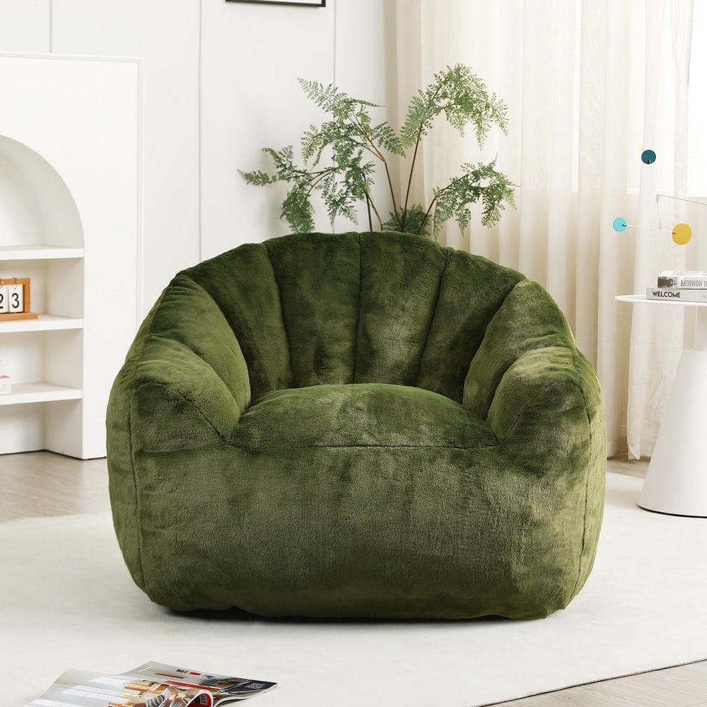 Dark Green Faux Fur Bean Bag Chair Lazy Sofa Chair with Stuffed High-Density Foam for Living Room, Bedroom, Reading Room