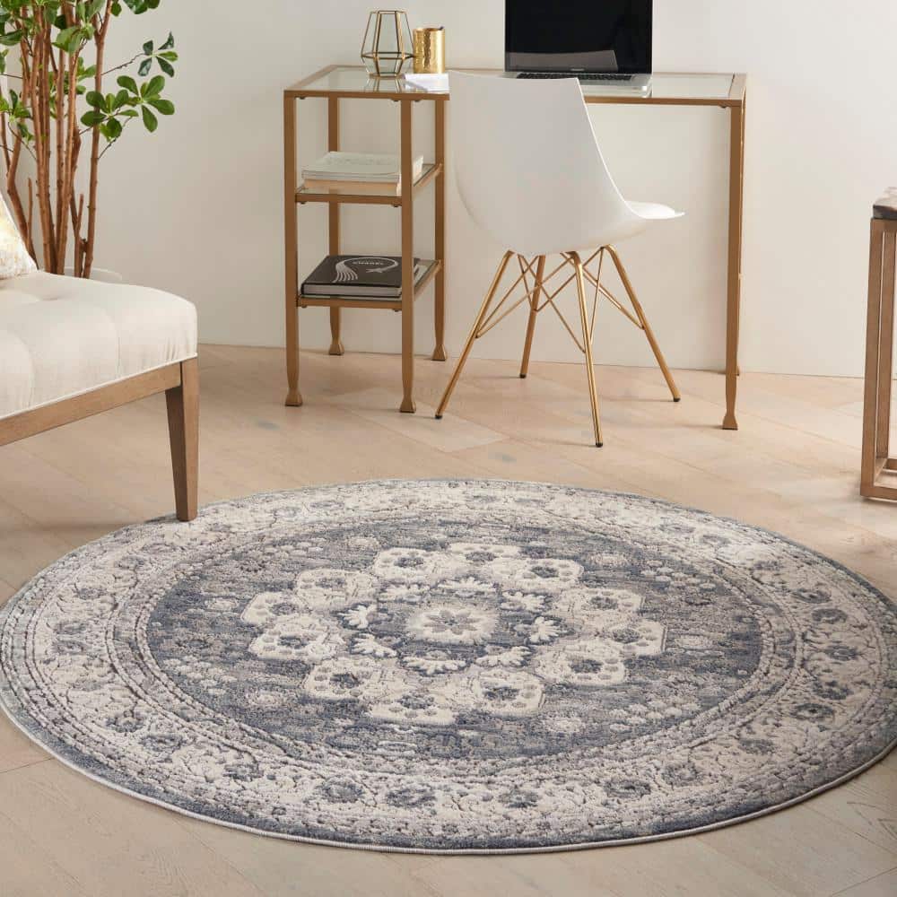 Grey and Ivory Round Hand-knotted Synthetic Area Rug