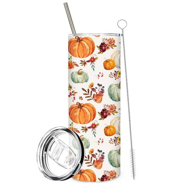 21 oz. Fall Autumn Stainless Steel Tumbler with Lid and Straw, Pumpkin Leaves Flower Orange Green Cup