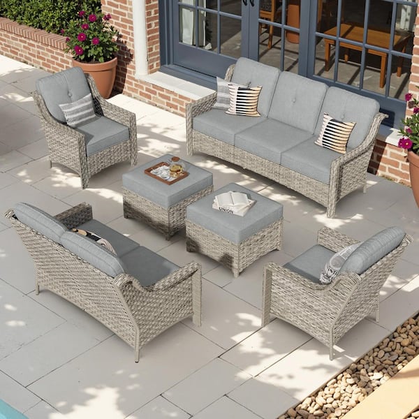 weaxty W Tulip G Gray 6-Piece Wicker Patio Outdoor Conversation Sofa Set with Ottoman and Dark Gray Cushions