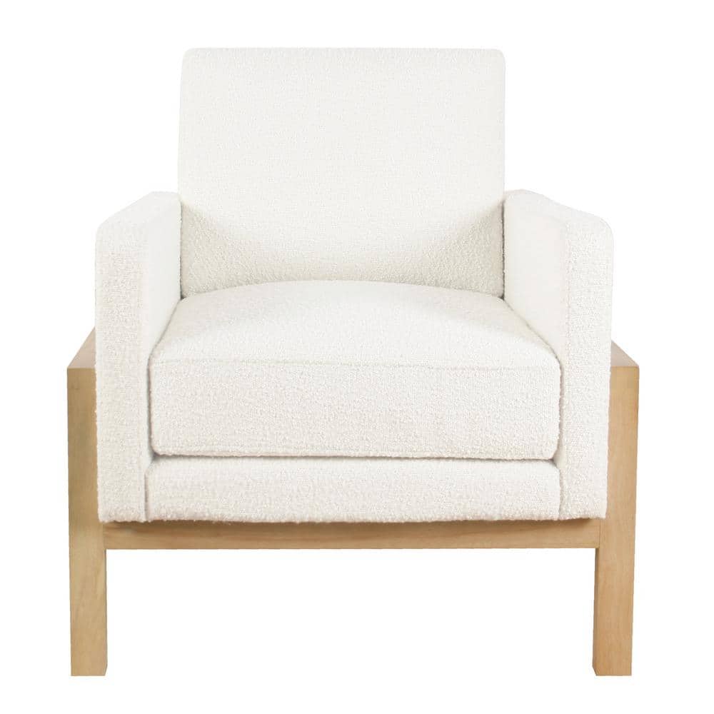 Cream White Boucle Wood Frame Accent Chair