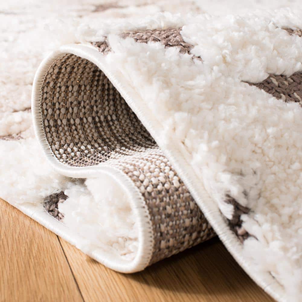 Ivory and Brown Diamond Shag Rectangular Rug