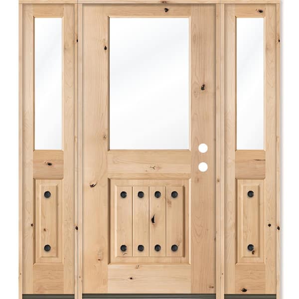 64 in. x 80 in. Mediterranean Knotty Alder Half Lite VG Unfinished Left-Hand Inswing Prehung Front Door/Sidelites