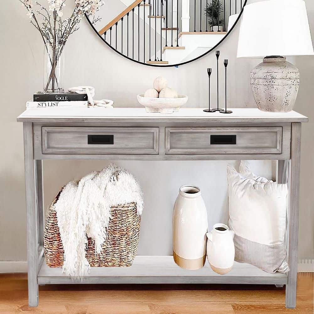 Gray Wood Console Table with Storage and Shelf