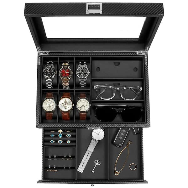 Unbranded 6-Slot Watch Box with 3-Slot Sunglass Organizer-Glass Lid PU Leather Case for Men, Black, 13 in. x 5.2 in. x 5.2 in.