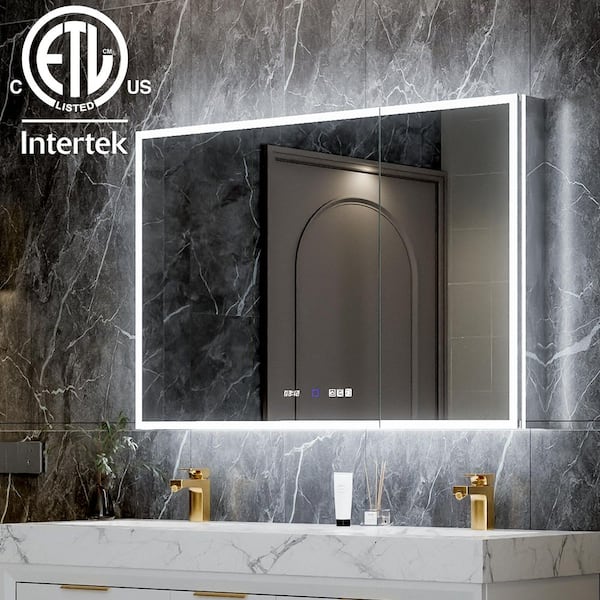 HHG 48 in. W x 32 in. H Rectangular Silver Aluminum Recessed/Surface Mount Medicine Cabinet with Mirror and LED