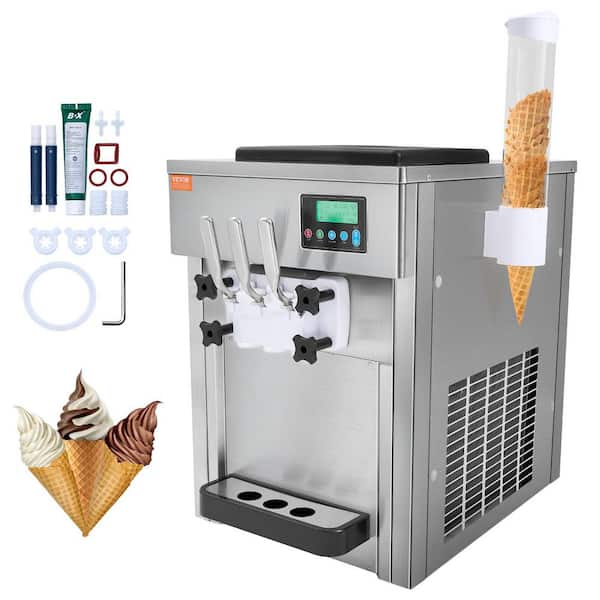 Commercial Soft Ice Cream Maker 21 qt./H Yield 1800W 3-Flavor 2 x 4L Hopper 2 x 1.8L LCD Panel Pre-Cooling Silver