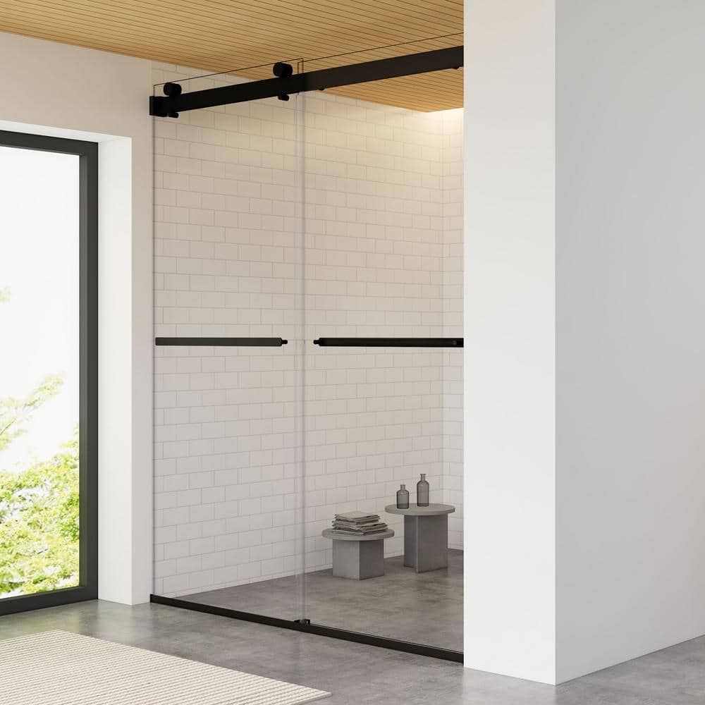 Matte Black Frameless Clear Glass Bypass Shower Door, 60" W x 76" H