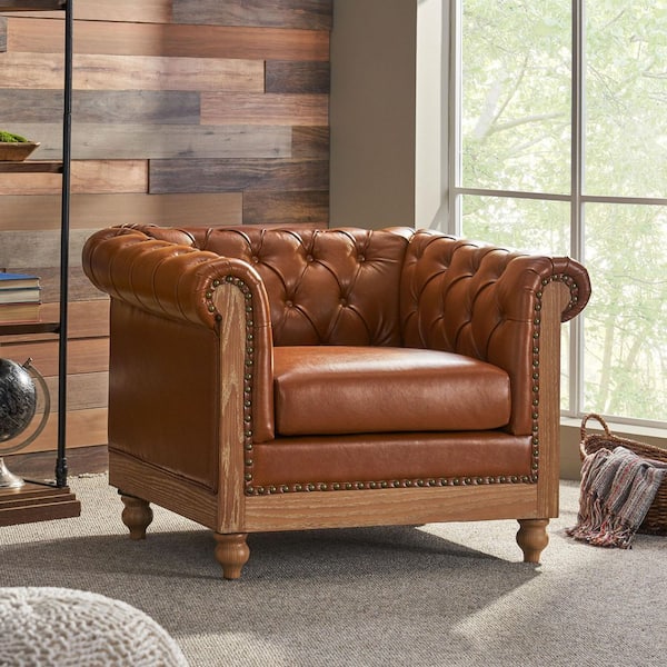 Light Brown Classic Chesterfield Club Chair Deep Button-Tufted Arm Chair with Nailhead Trim and Scrolled Tuxedo Arms