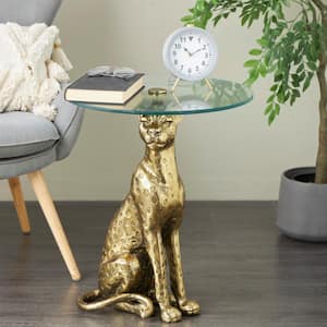 20 in. Gold Spotted Sitting Leopard Large Round Aluminum End Table with Glass Tabletop