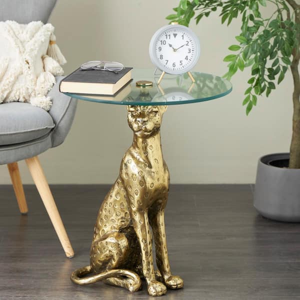 Litton Lane 20 in. Gold Spotted Sitting Leopard Large Round Aluminum End Table with Glass Tabletop