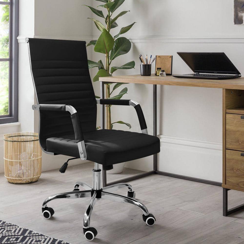 LACOO Black Ribbed Office Mid-Back PU Leather Executive Task Chair