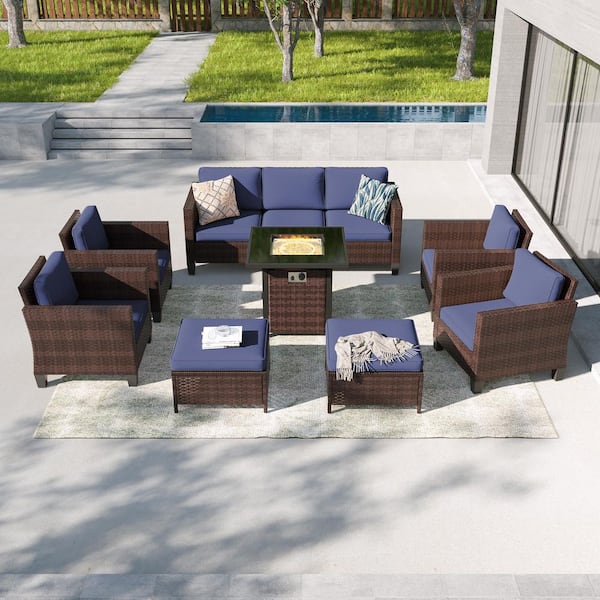 JOYESERY 8-Pieces Patio Conversation Set with Square Fire Pit Table, Brown Wicker Wide Armrests Sofa with Navy Blue Cushion