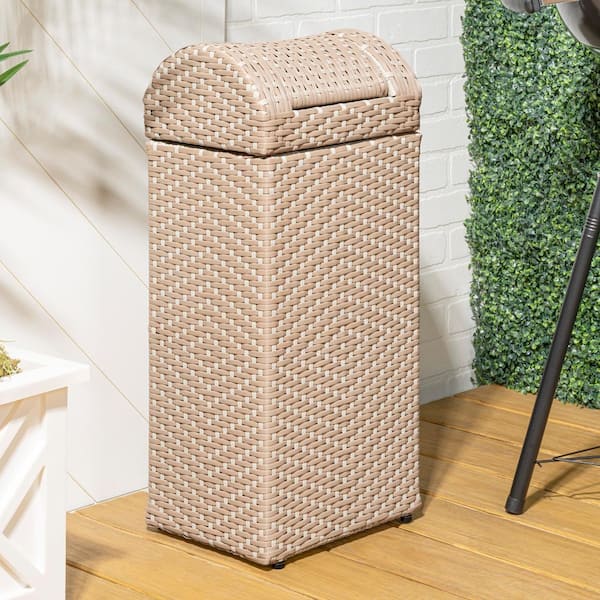 Darla 14.27 Gal. All-Weather Wicker/Metal Swing Top Lid Hideaway Outdoor Trash Can, Light Pink/White