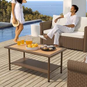 Brown Rectangular Wicker Outdoor Patio Coffee Table with Plastic Table Top