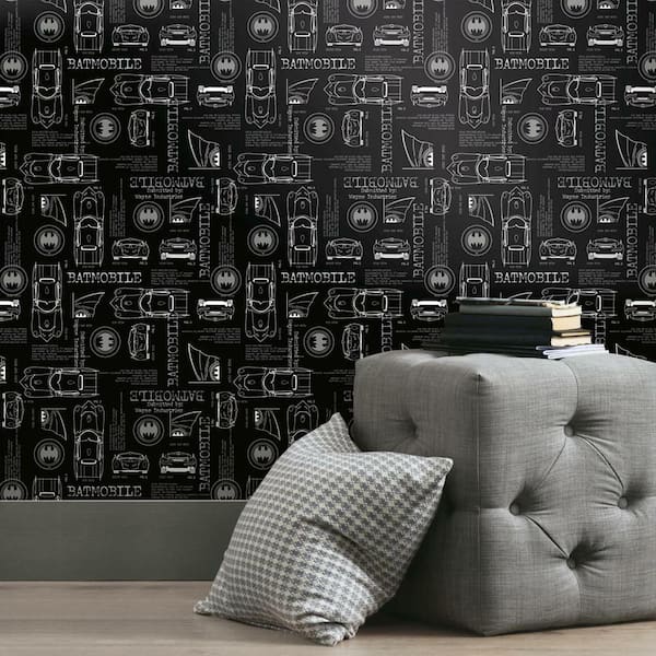 28.29 sq. ft. Black Batmobile Blueprint Peel and Stick Wallpaper