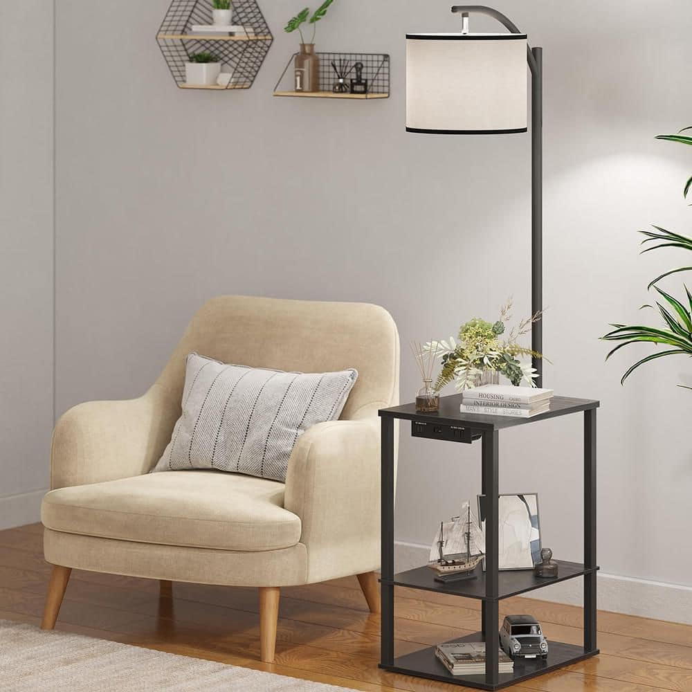 59 in. Black 1-Light Lantern Floor Lamp with Table and 9W LED Bulb