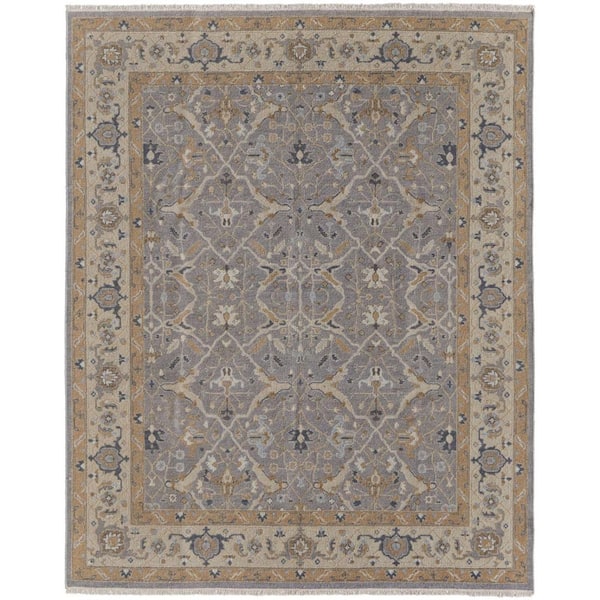 8 ft. x 12 ft. Tan and Gray Wool Oriental Hand Knotted Area Rug With Fringe