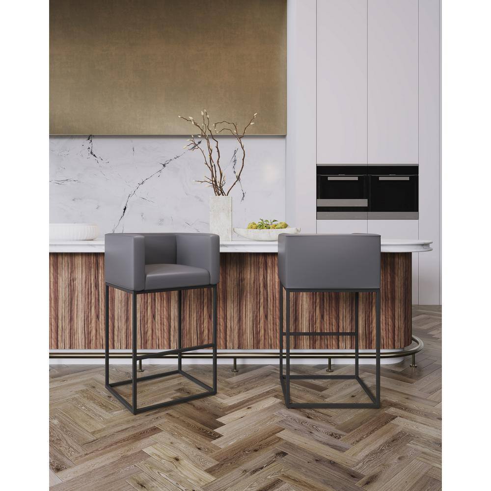 Embassy Geometric Black Steel and Grey Faux Leather Barstool Set