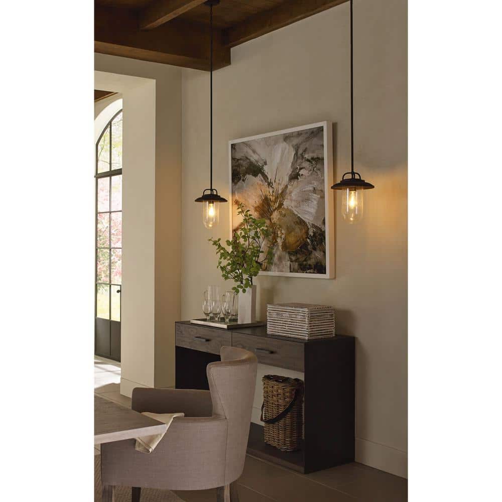 Beaufort Black Steel Hanging Lantern with Seeded Glass Shade