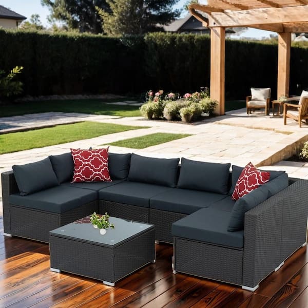 Unbranded 7-Piece Wicker Outdoor Conversation Set with Gray Cushion and Coffee Table