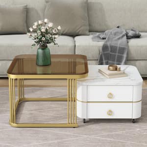 23 in. W Brown Tempered Glass Square Nesting End Table Coffee Table with Wheels and Drawers