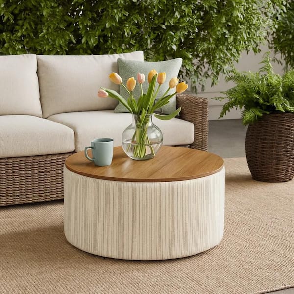 Jena Ivory and Brown Fabric Round Storage Ottoman