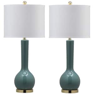 Mae 30.5 in. Marine Blue Long Neck Ceramic Table Lamp with Off-White Shade (Set of 2)