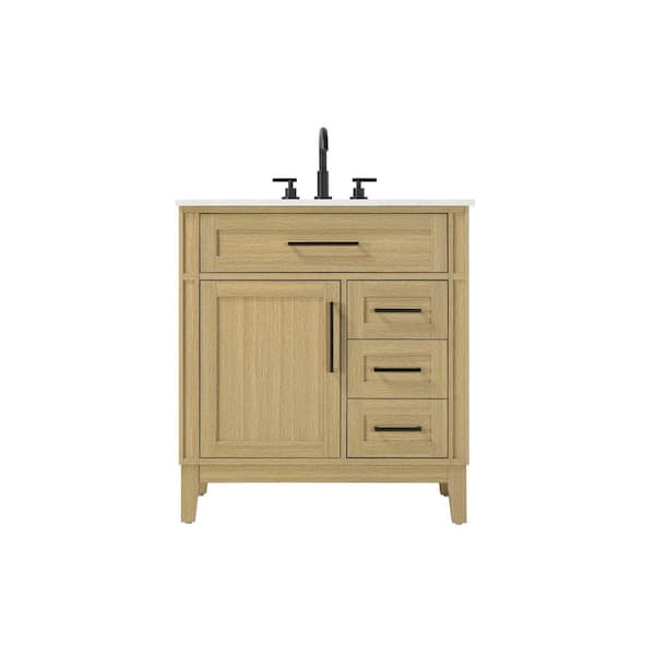 32 in. Single Sink Freestanding Honey Brown Bath Vanity with Marble White Engineered Marble Top