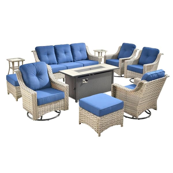Cherry 10-Piece Wicker Outdoor Furniture Patio Fire Pit Conversation Sofa Set with Swivel Chairs and Navy Blue Cushions