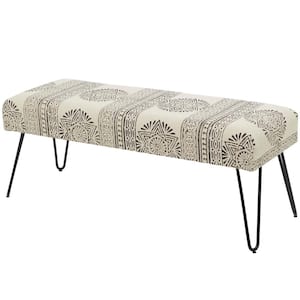 White Floral Bench with Metal Hairpin Legs 16 in. X 47 in. X 19 in.