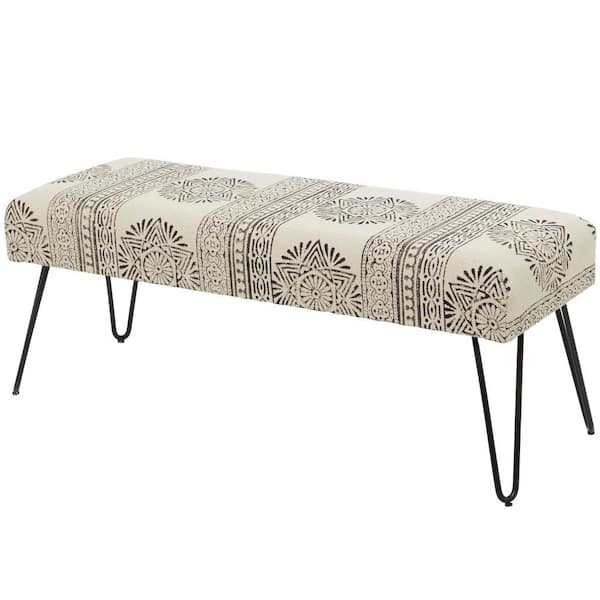 Litton Lane White Floral Bench with Metal Hairpin Legs 16 in. X 47 in. X 19 in.