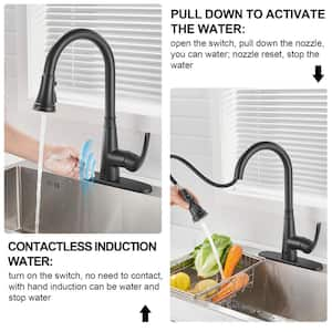 Touchless Gooseneck Single Handle Pull Down Sprayer Kitchen Faucet with Deckplate Pull Out Sink Faucet in Matte Black