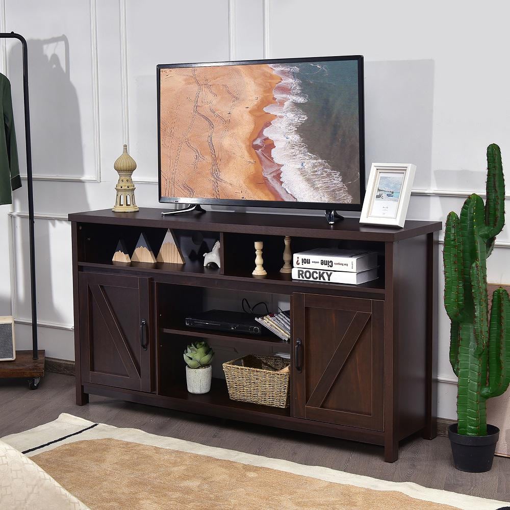 Coffee Brown 59'' Wood TV Stand with Fireplace Cabinet