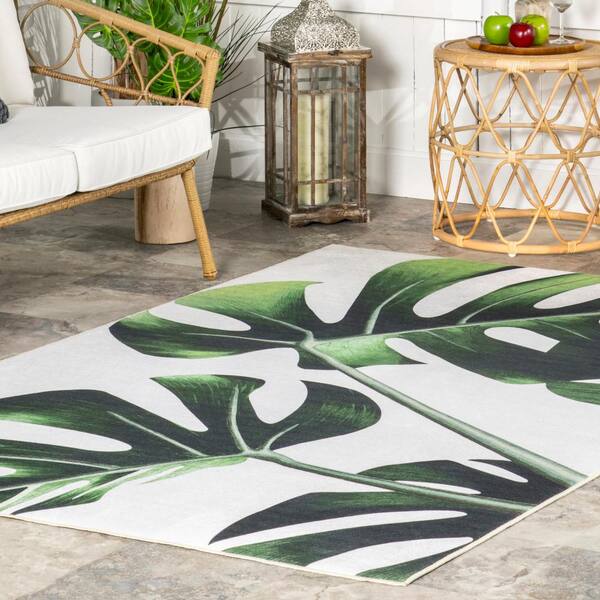 nuLOOM Hanni Leaves Indoor/Outdoor Machine Washable Green 5 ft. x 8 ft. Coastal Area Rug