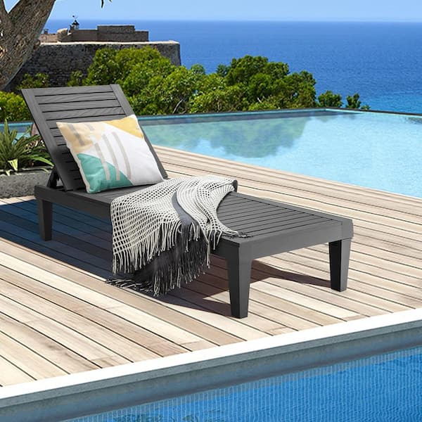 Black Patio Plastic Outdoor Chaise Lounge Chair Recliner with Adjustable Backrest