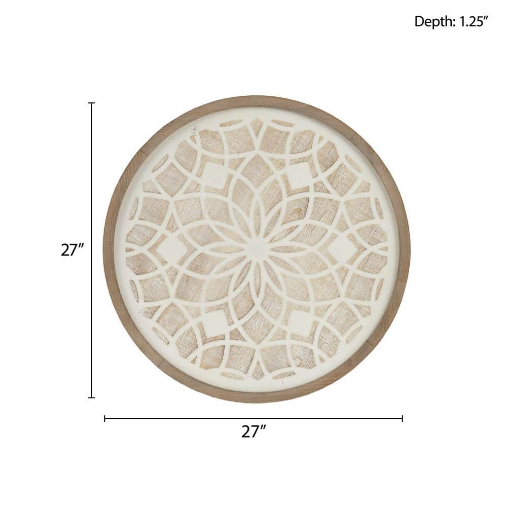 Natural White Carved Wood Round Medallion Wall Sculpture