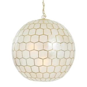 19 in. H Capiz Honeycomb Globe Pendant Light in White & Antique Gold