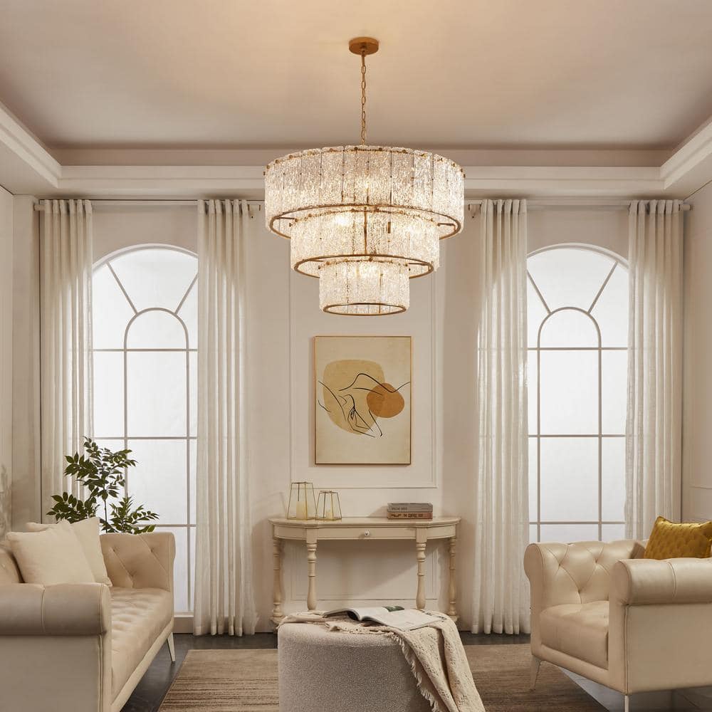 Distressed Gold 8-Light 3-Tiered Glass Drum Chandelier